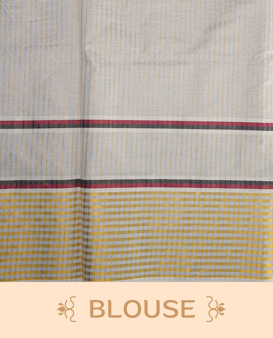 Off white color kerala cotton saree featuring gold zari stripes on body, complemented by Red & black, gold zari with peacock leaf printed border, paired with matching blouse piece.