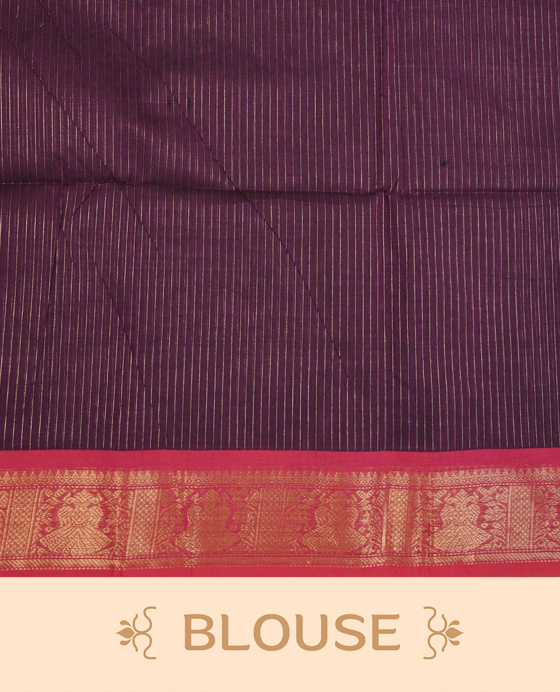 Purple Colour Chettinad Cotton Saree Featuring Gold Zari Stripes on the Body, Complemented by a Gold Zari Border and a Contrast Colour Striped Pallu, Paired with a Matching Blouse Piece.