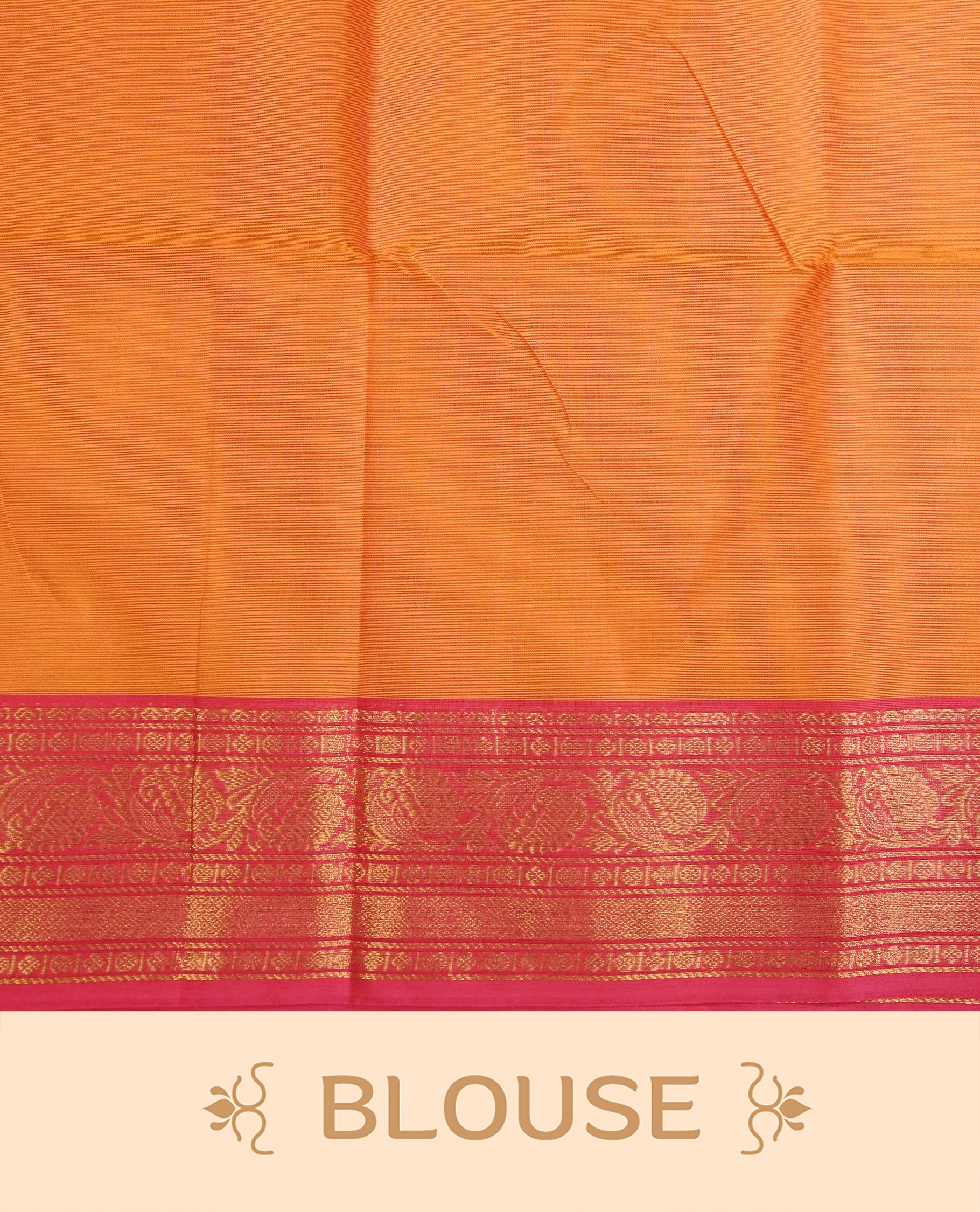 Orange colour Chettinad cotton saree featuring magenta Motifs on body, complemented by contrast magenta colour with Gold zari border, matching blouse piece.