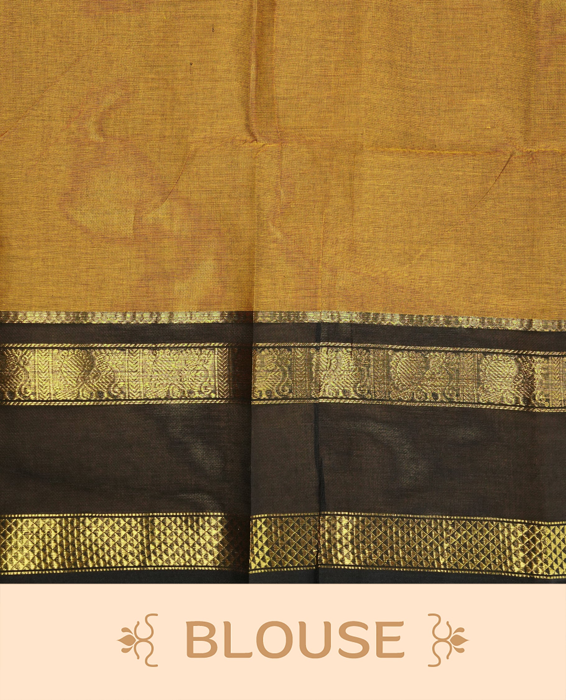 Mustard Colour Chettinad cotton saree featuring elegant plain body , complemented by contrast Black colour with traditional border, comes with matching blouse piece.