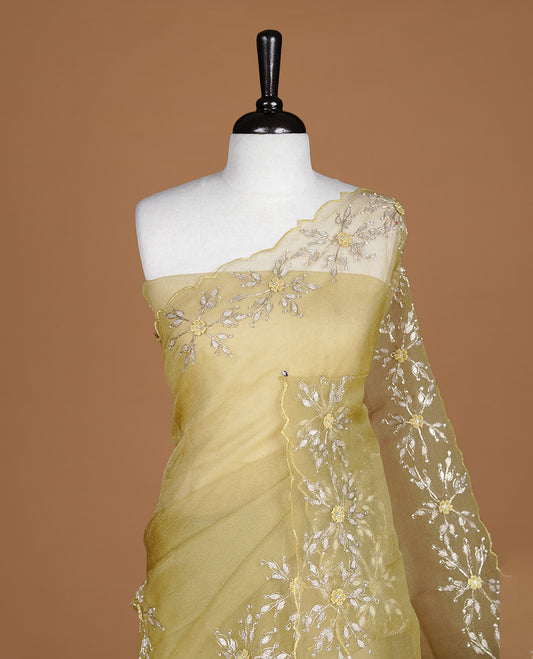 Pastel olive colour crush organza saree featuring gold thread floral and stone worked body, highlighting scalp designed border, paired with matching blouse piece.