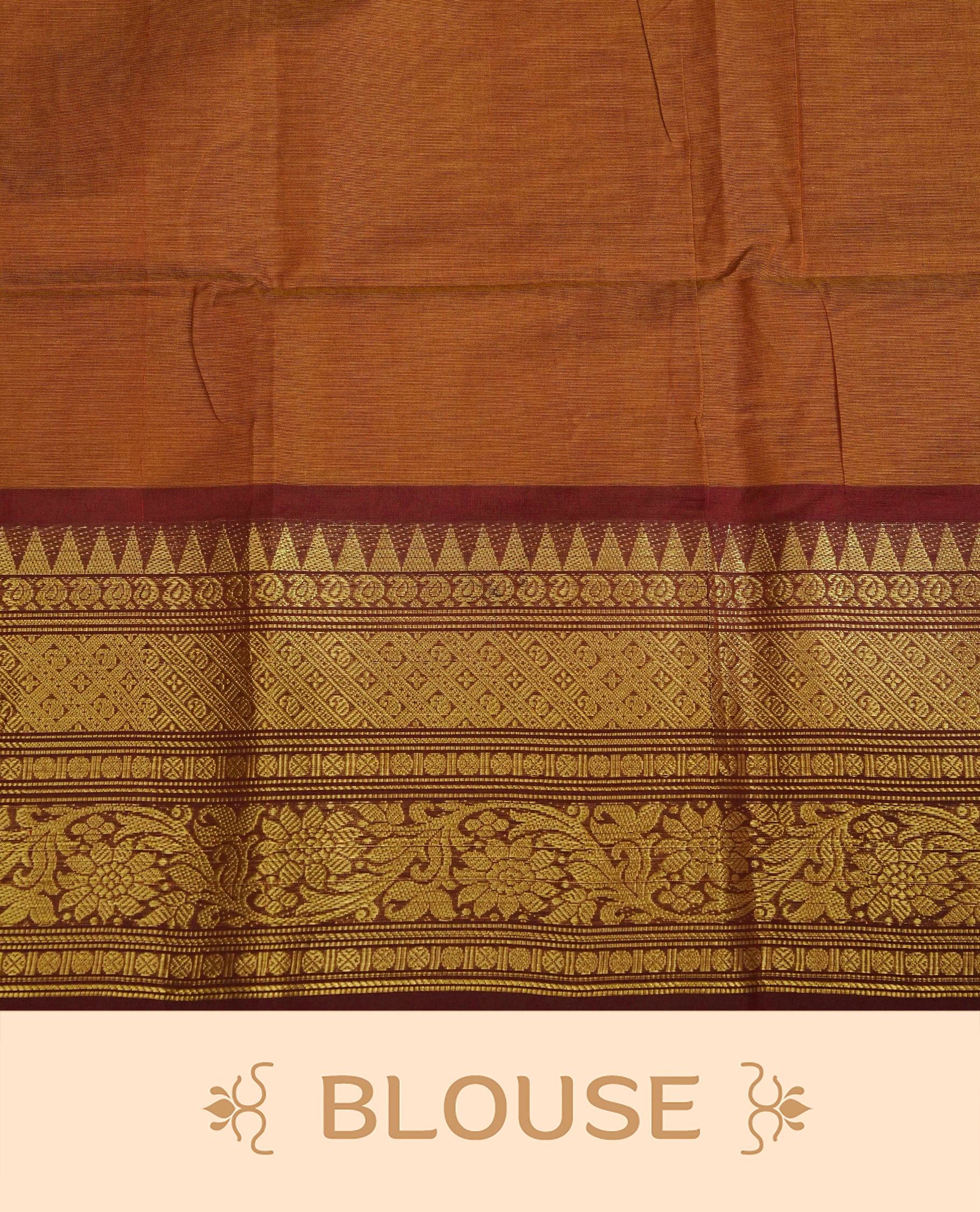 Brown colour chettinad cotton saree featuring elegant plain body, Contrast Maroon colour with Gold zari border, comes with matching blouse piece.