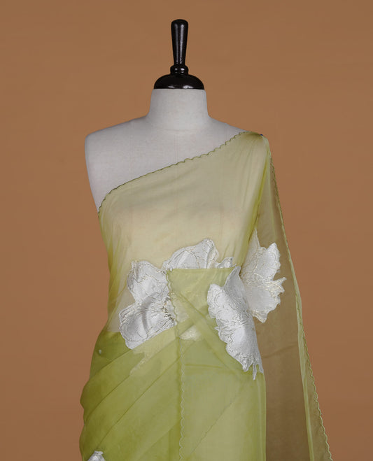 Pastel green colour semi organza saree featuring white floral & gold thread pattern, highlighting scalp design border, paired with matching blouse piece.
