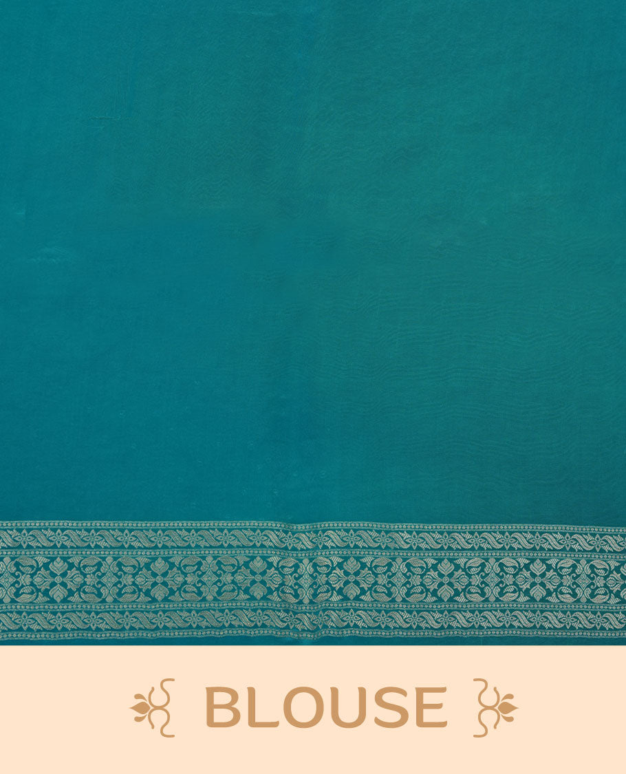 Aqua Blue colour banaras satin crepe saree featuring gold zari pattern across body, with self colour border with gold zari pattern and paired with matching blouse.
