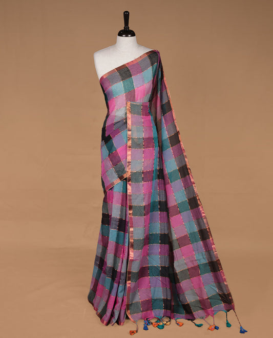 Black, Pink & Blue mul cotton saree featuring a vibrant multi colour check patterned, without blouse piece.