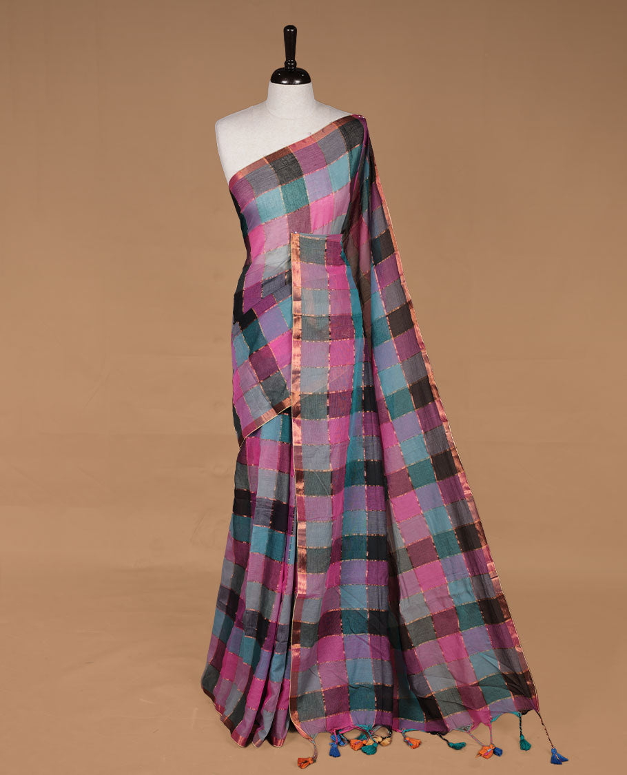 Black, Pink & Blue mul cotton saree featuring a vibrant multi colour check patterned, without blouse piece.
