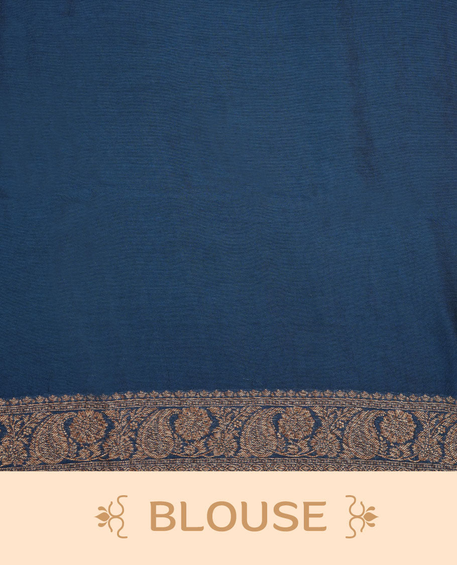 Crystal Teal colour semi Banaras saree with gold zari buta motifs, finished with a traditional gold zari border and pallu, paired with a matching blouse.