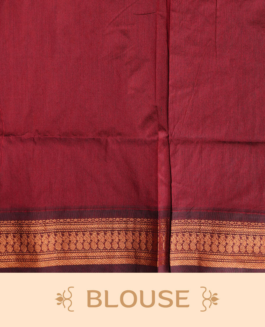 Teal colour kalyani cotton saree featuring antique zari motifs on body, complemented by Maroon colour with Antique zari border, paired with matching blouse piece.