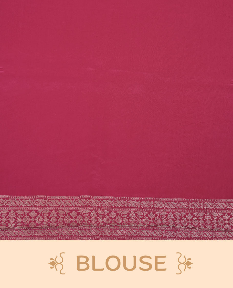 Rani pink colour banaras satin crepe saree featuring gold zari pattern across body, with self colour border with gold zari pattern and paired with matching blouse.