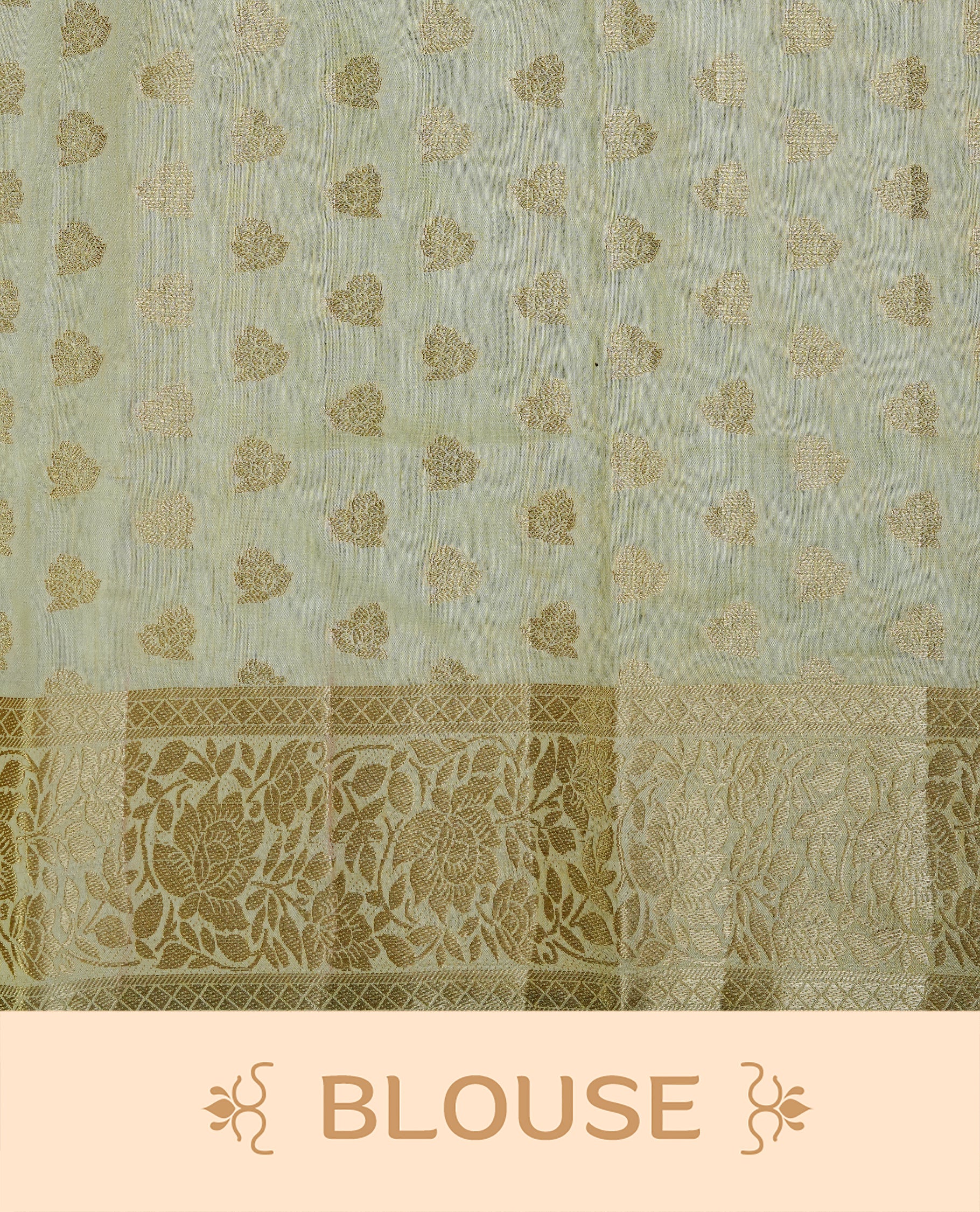 Cream colour semi Tussar silk saree featuring an elegant plain body, complemented by a self colour border adorned with traditional gold zari floral kodi patterns. Comes paired with a matching blouse piece.