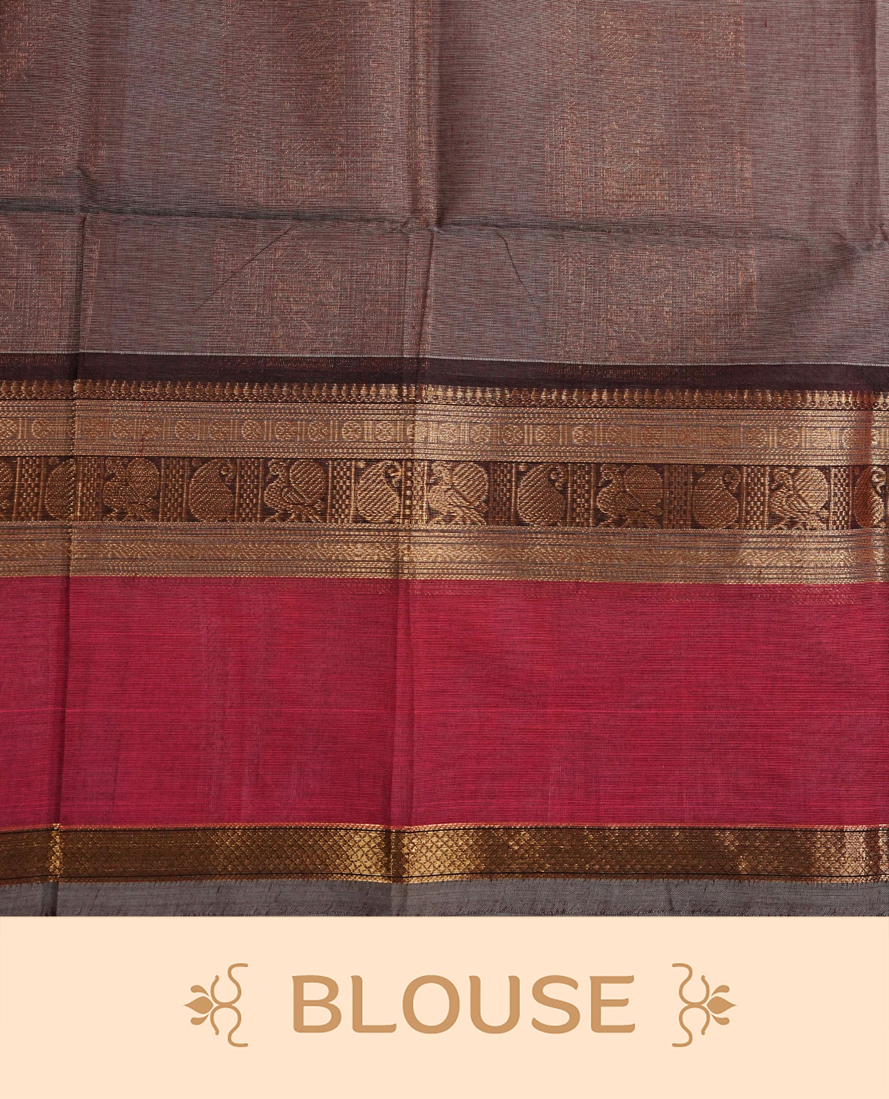 Grey colour chettinad cotton saree featuring Elegant plain body, Contrast Chocolate & Magenta colour with Gold zari border, comes with matching blouse piece.