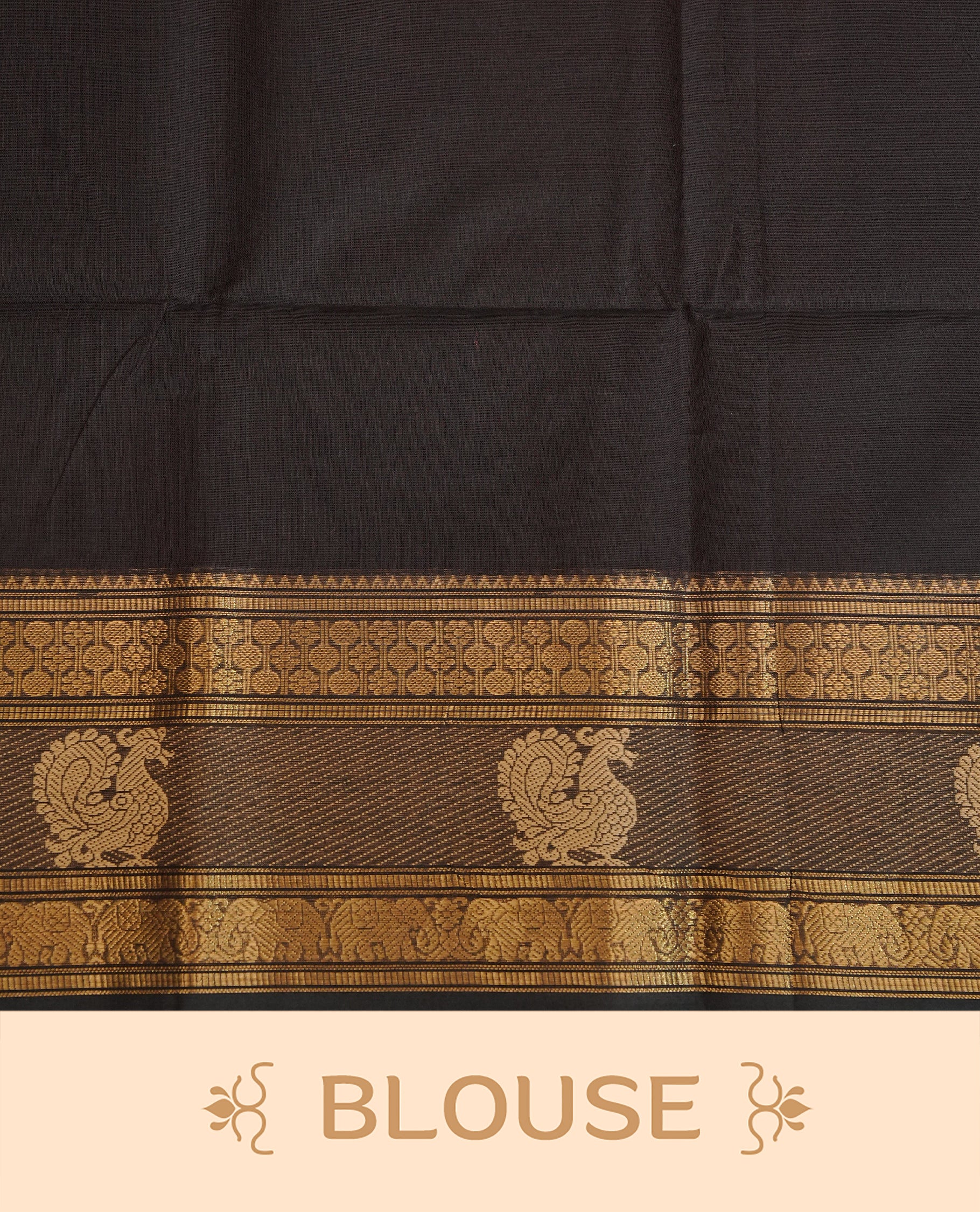 Dark chocolate Colour Chettinad Cotton Saree Featuring a Plain Body, Complemented by a Self Colour Border with Peacock Pattern Gold Zari, Paired with a Matching Blouse Piece.