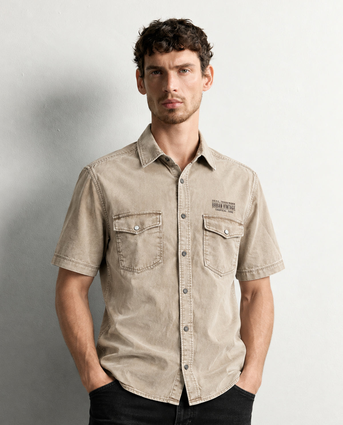 Beige colour shirt denim style with Pockets on body, Half sleeve.