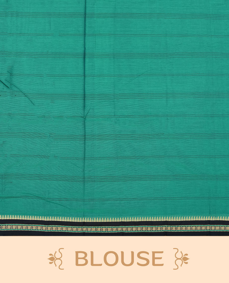 Pine green colour Narayanapattu cotton saree featuring a Dark blue colour stripped body, contrast Dark blue colour with Cream zari border and pallu, pairing a matching blouse piece.