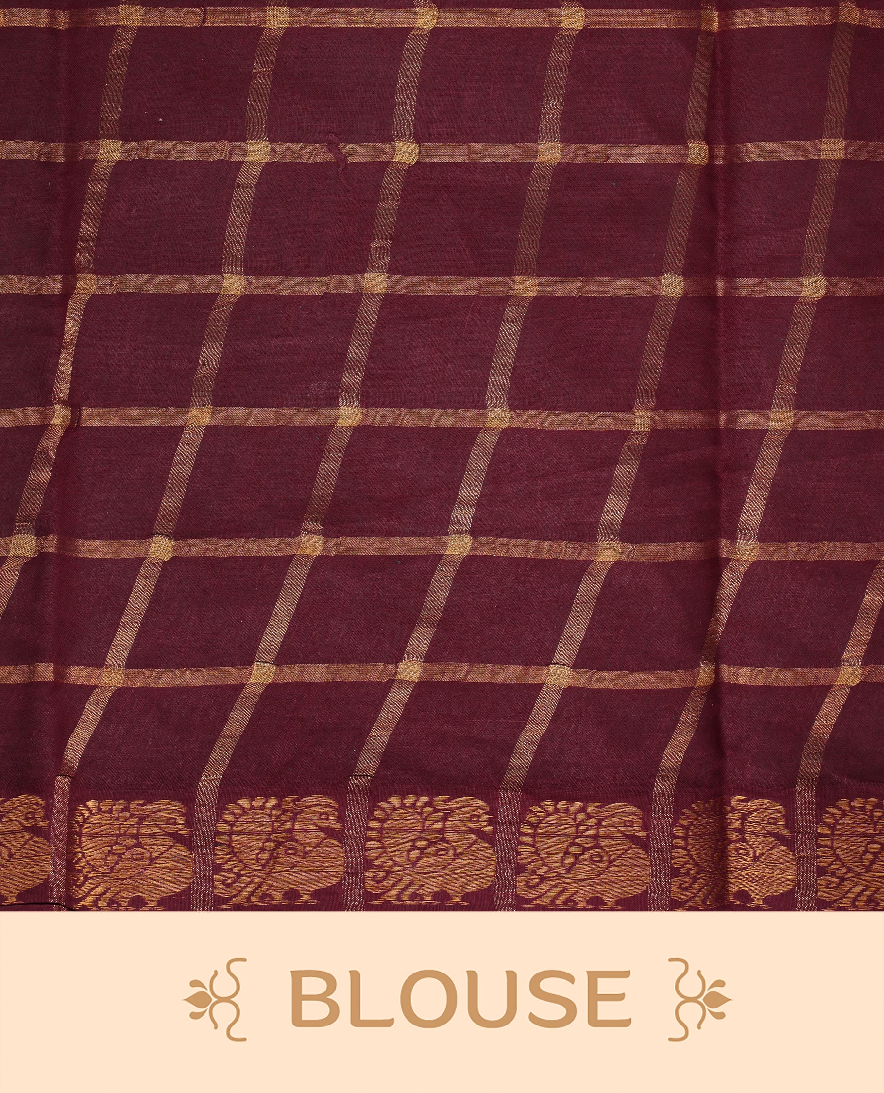 Maroon colour Sungudi cotton saree featuring Gold zari Check pattern on body, Gold zari Peacock design on Self colour border, paired with matching blouse piece.