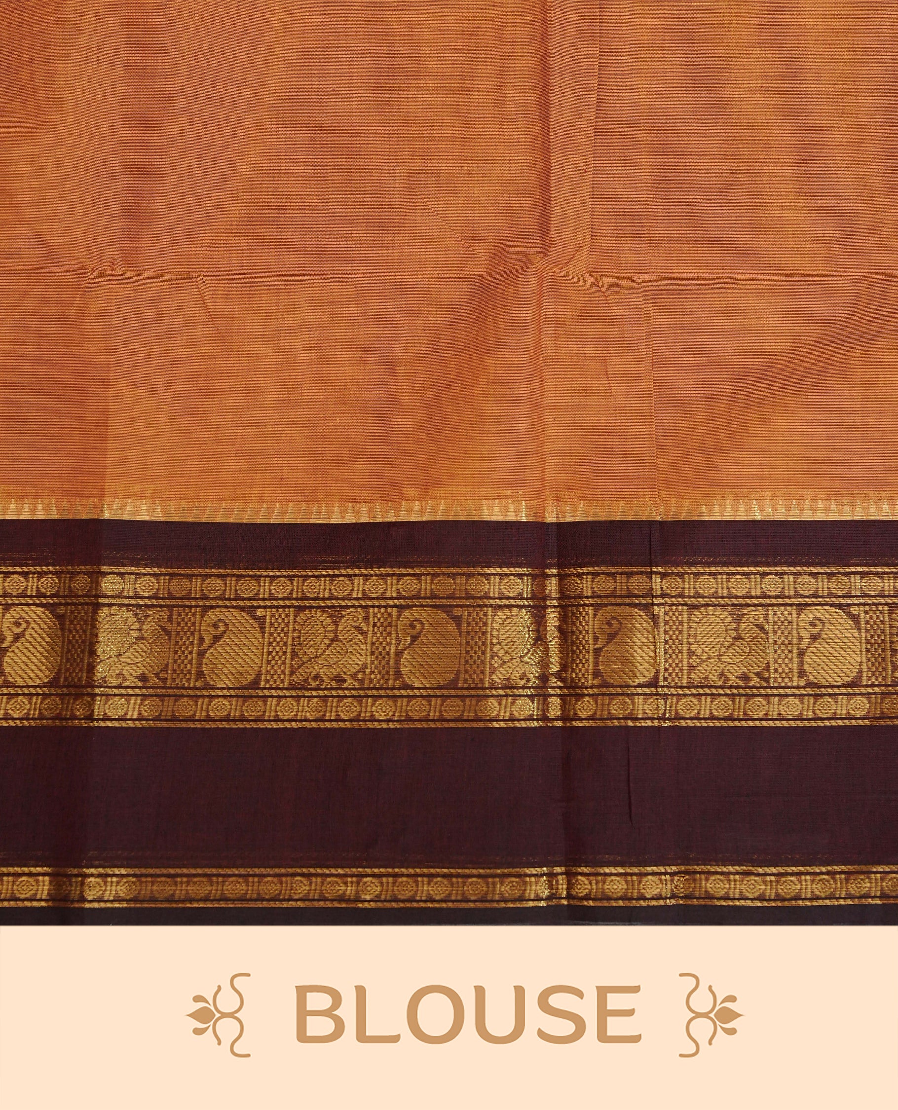 Mustard Orange colour chettinad cotton saree featuring elegant plain body, Contrast Chocolate colour with Gold zari border, comes with matching blouse piece.
