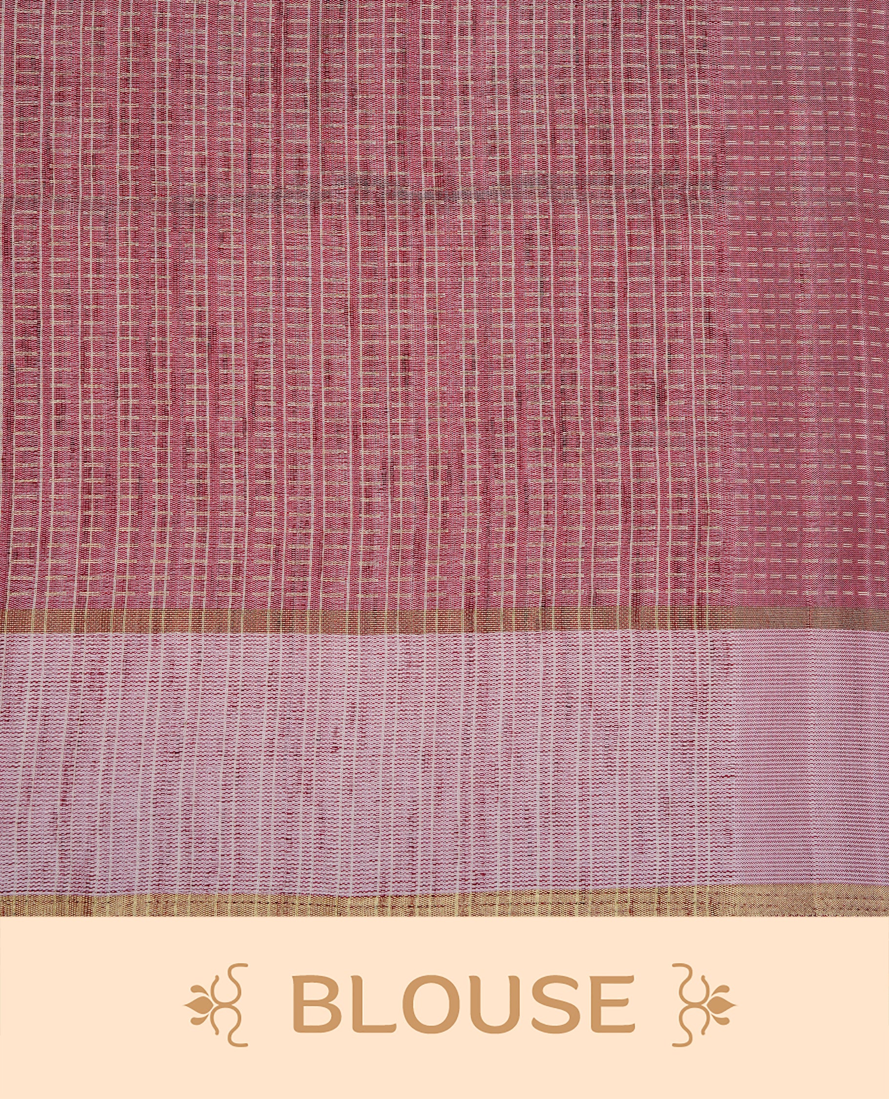 Mauve colour semi tussar silk saree featuring elegant gold zari dotted stripes across the body, enhanced with a rich zari woven border. Comes with a matching blouse piece.