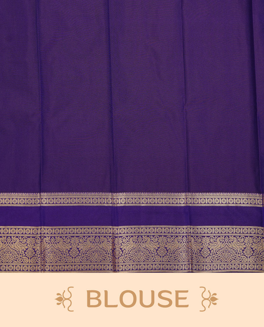 Teal colour soft silk saree featuring Gold zari Check & motifs on body, complemented by contrast indigo colour with traditional border, paired with matching blouse piece.