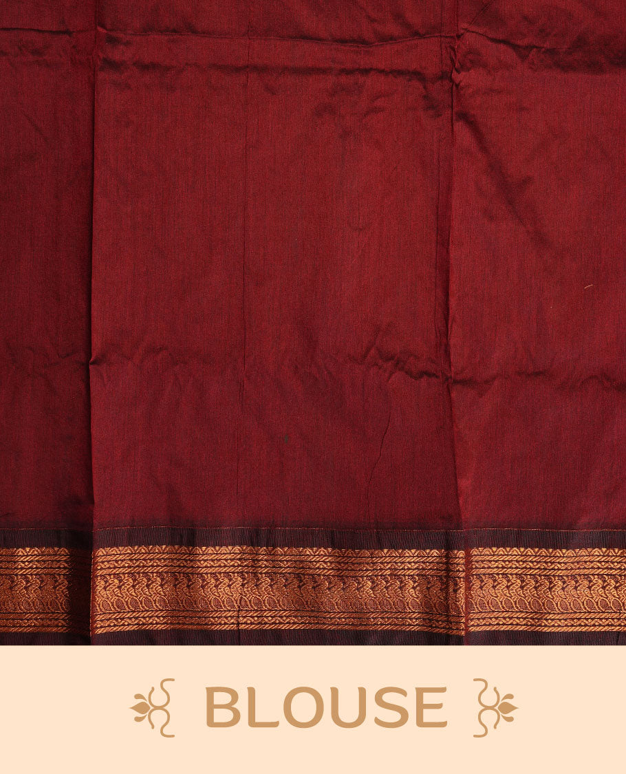 Peacock green colour kalyani cotton saree featuring gold zari motifs on body, complemented by Maroon colour with Antique zari border, paired with matching blouse piece.