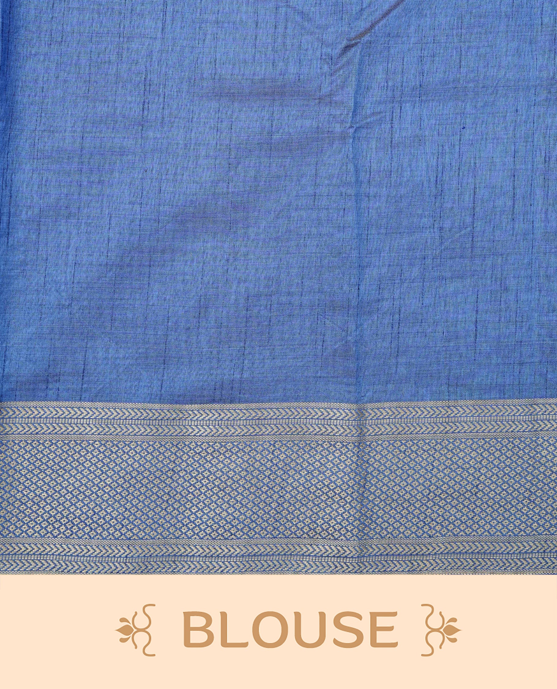 Light Gold Tussar saree featuring Gold zari buttas on body, complemented by contrast Blue Colour with Gold zari border, comes with matching blouse piece.