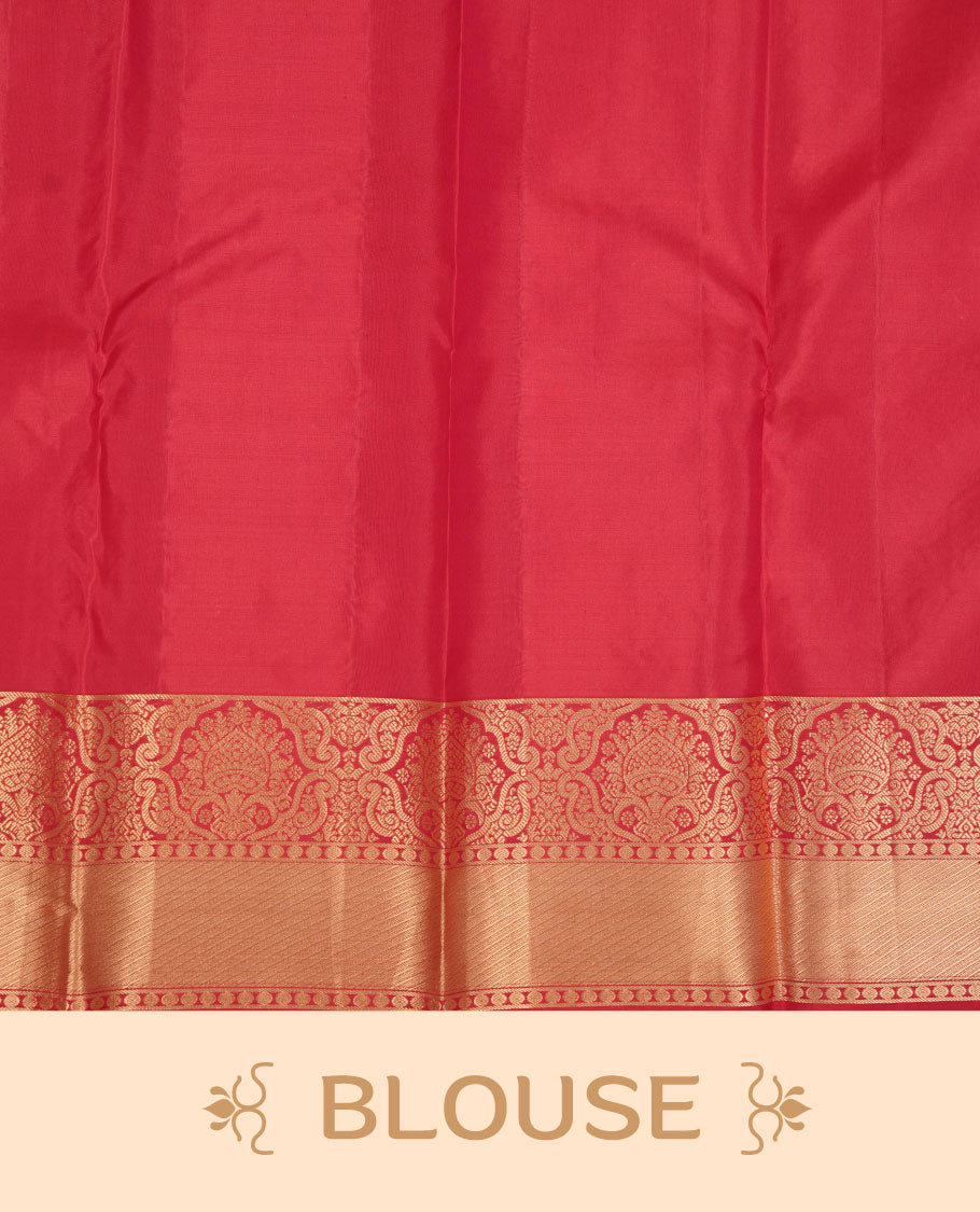 Cherry red colour kancheepuram silk saree featuring floral zari jacquard on body with traditional zari border, paired with matching blouse piece.