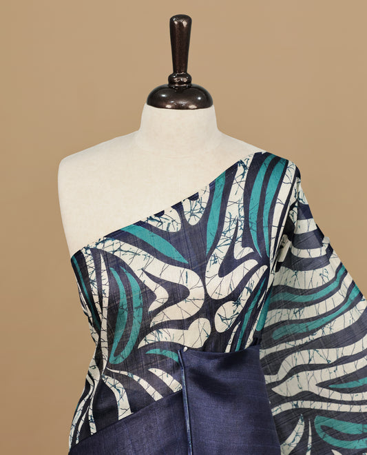 Peacock With Navy Blue Colour Khadi silk saree Featuring Abstract Print Patterned & Curved Wave Like Line Detailed Body, Paired with matching blouse piece.