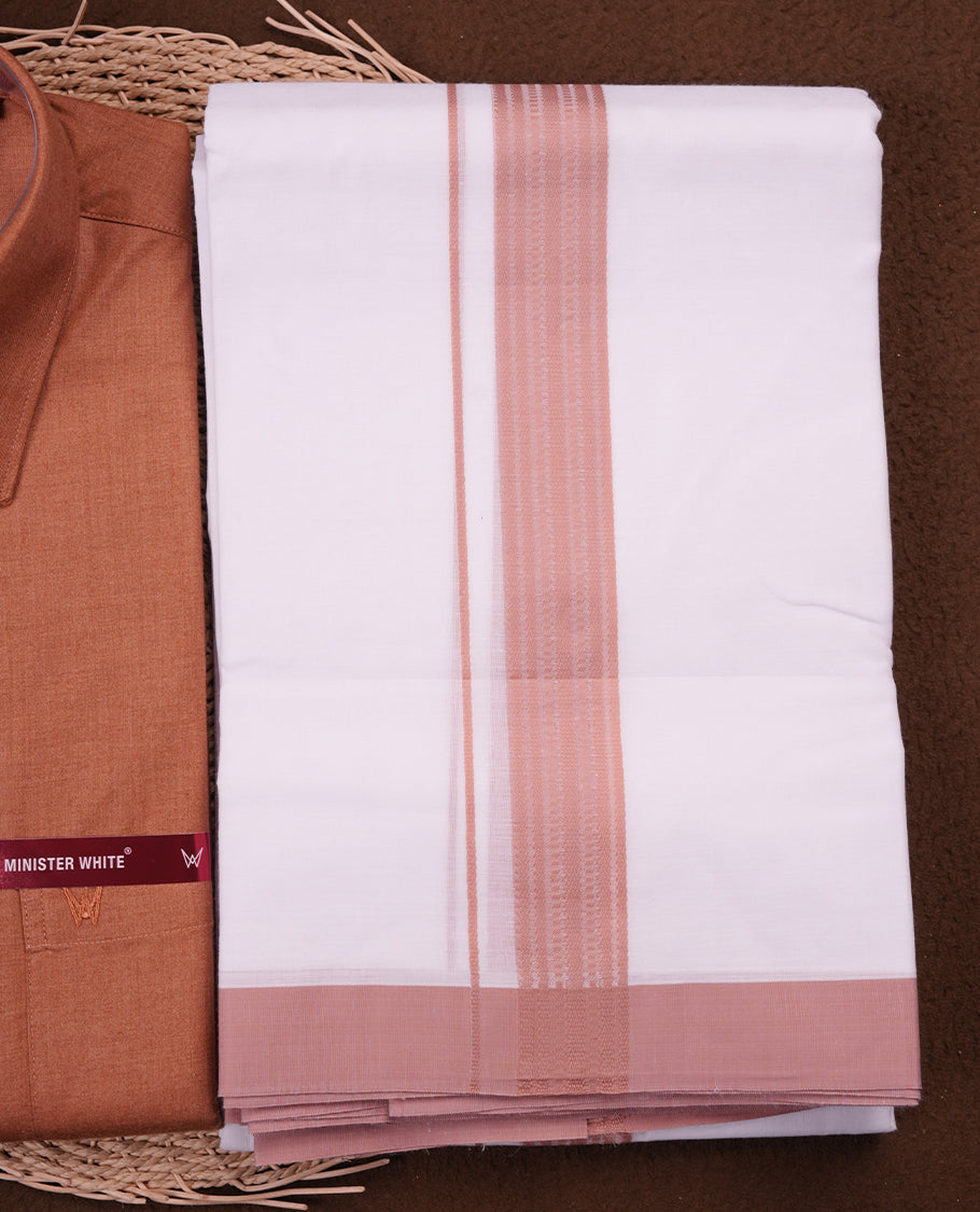 Brown Colour MINISTER WHITE shirt paired with a matching dhoti, finished with a Brown colour border.
