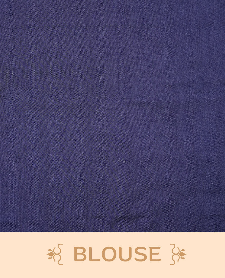 Brown colour soft silk saree features a sleek borderless design with intricate antique zari motifs, flowing into a striking contrast blue pallu and a matching blouse piece.