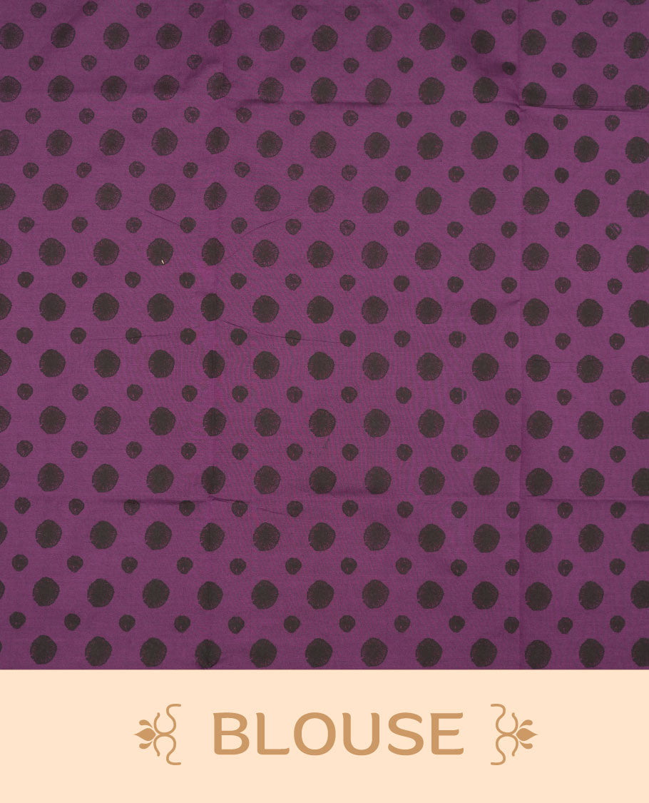 Grape Purple colour poly cotton saree with black abstract butti motifs on the body, paired with a matching pallu with dense black textured round butta pattern, and a coordinated all‑over textured round butta printed blouse piece.
