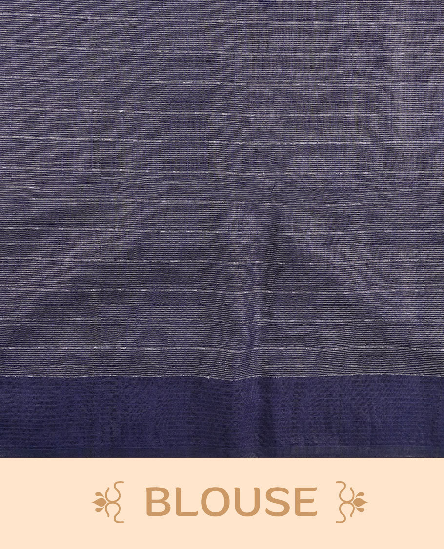 Dark blue colour semi jute saree highlighting gold zari striped body, without border and paired with matching blouse.