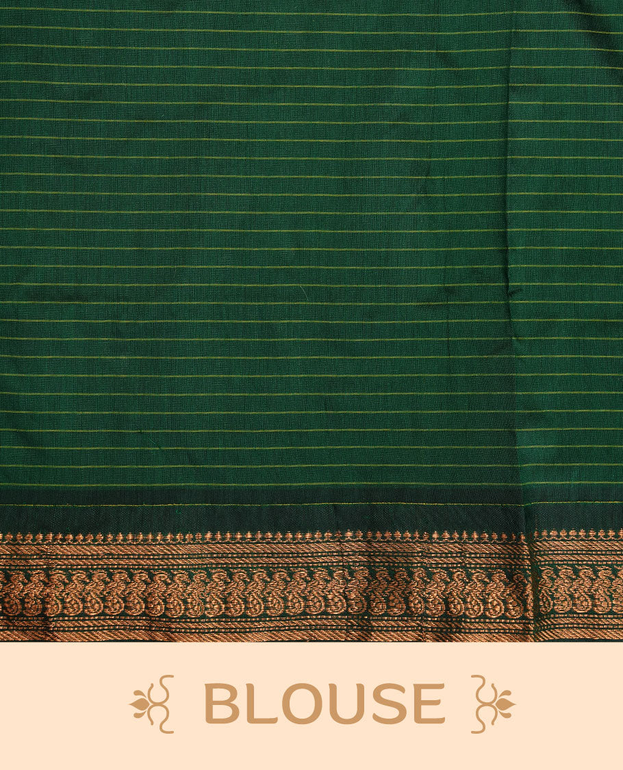 Magenta colour kalyani cotton saree featuring antique zari check pattern on body, complemented by green colour with Antique zari border, paired with matching blouse piece.
