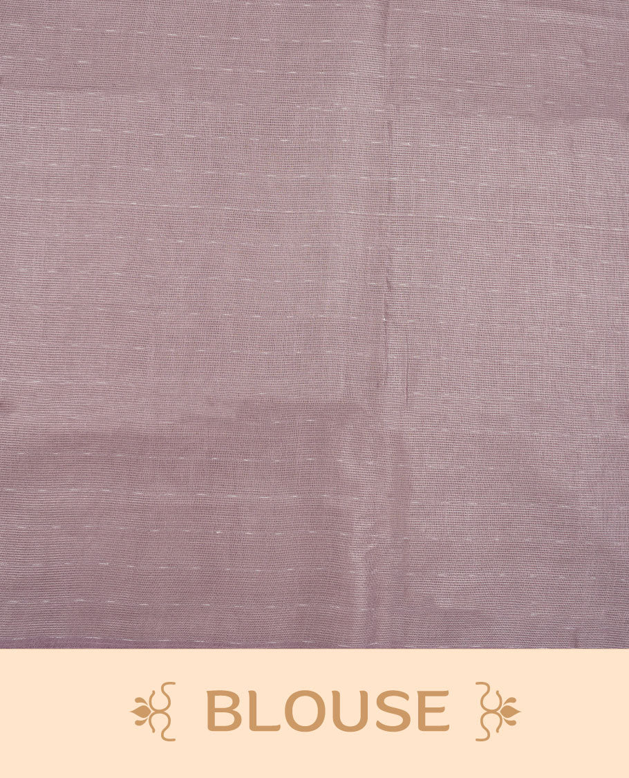 Light lavender colour semi jute saree highlighting gold zari striped body, without border and paired with matching blouse.