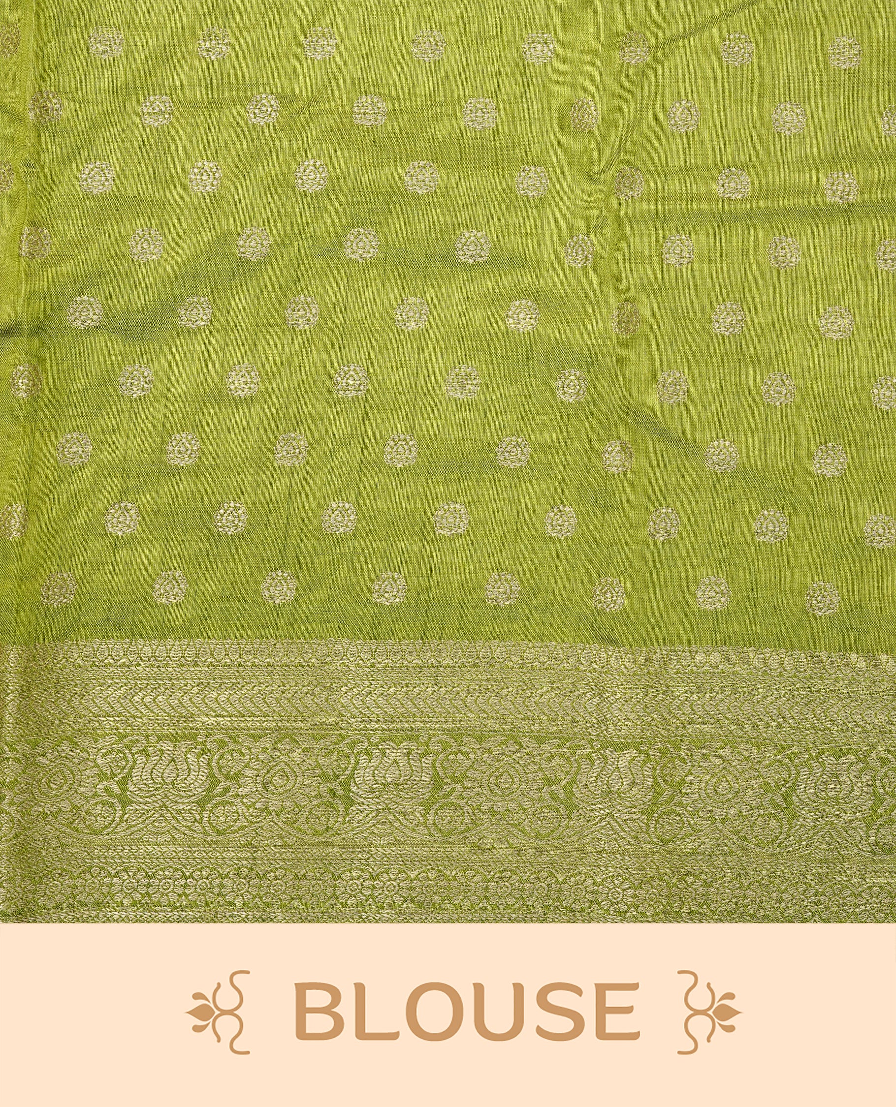 Light Gold Tussar saree featuring Gold zari buttas on body, complemented by contrast light green Colour with Gold zari border, comes with matching blouse piece.