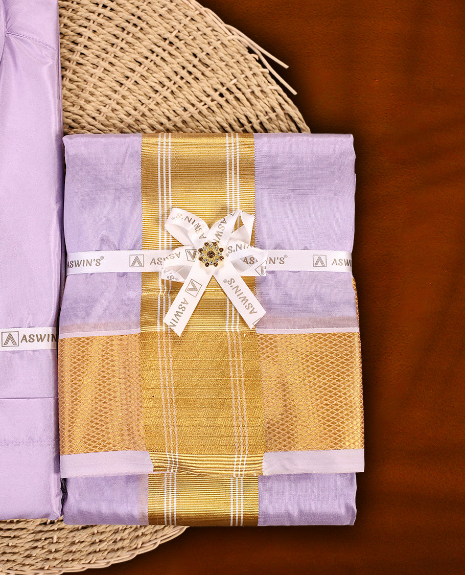 Violet colour Aswin’s wedding set featuring a premium silk finish full sleeve shirt, paired with a matching dhoti accented with elegant golden zari work, ideal for festive and wedding occasions