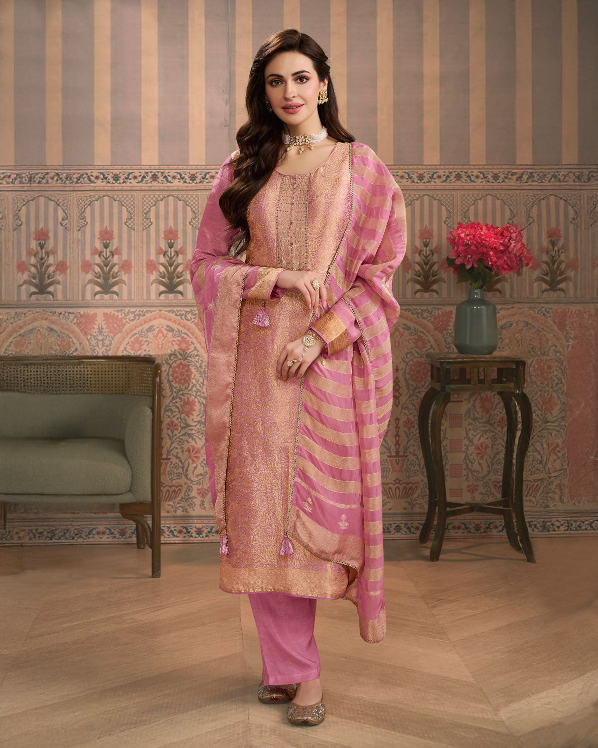 Pink colour silk suit material with Gold zari rose petal pattern and stone work, paired with premium soft santoon bottoms and a silk dupatta detailed with stripped work