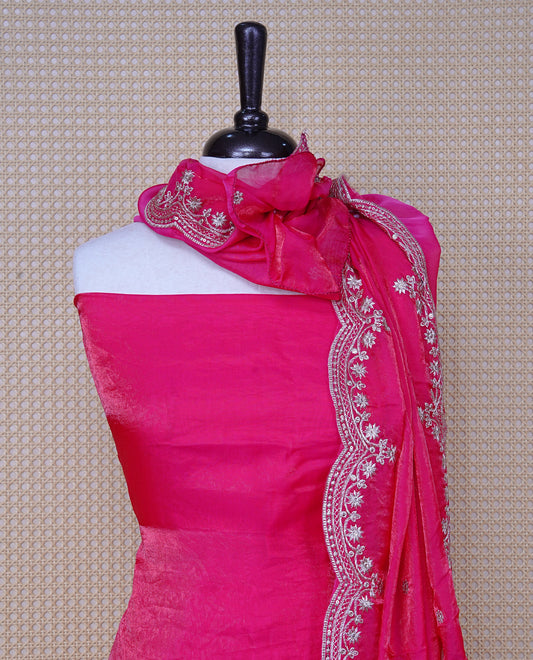 Rani Pink colour Fendy silk salwar material With Elegant plain body with lining, Comes with santoon bottom, Fendy silk dupatta With Floral buttas & Scalp Border.