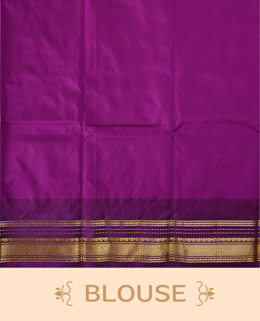 Mustard yellow semi silk saree with plain body, royal ourole pallu and matching purple border adorned with golden zari, accented with temple motifs along the edges, Paired with a matching blouse, perfect for festive occasions.