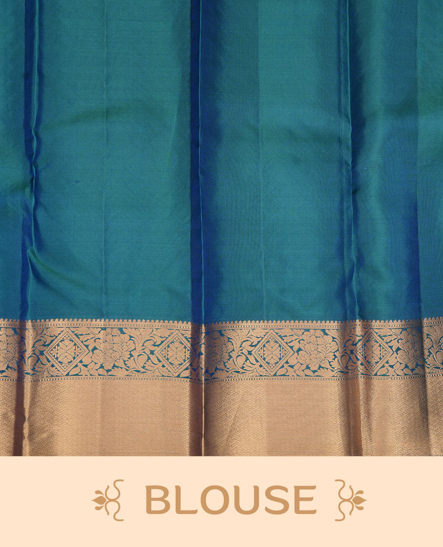 Peacock blue colour Kancheepuram silk saree featuring zari meena jacquard on body with traditional border, paired with matching blouse piece.