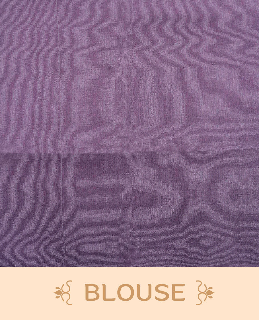 Blue lilac colour semi jute saree highlighting white thread motifs on body, without border and paired with matching blouse.