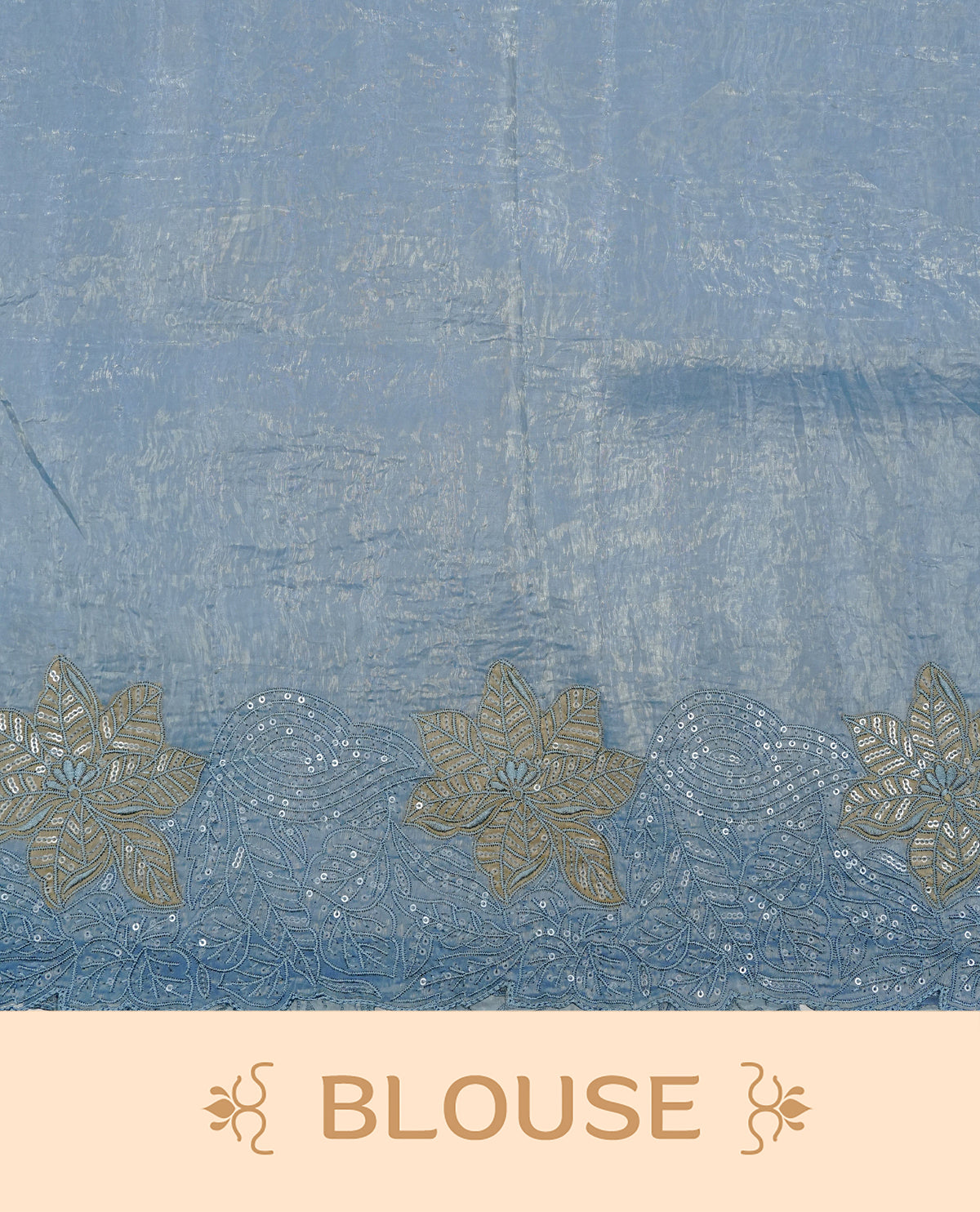 Pastel Blue colour Crush Organza Featuring Plain body, Enrich with Floral thread pattern & scalp border, paired with matching blouse piece.