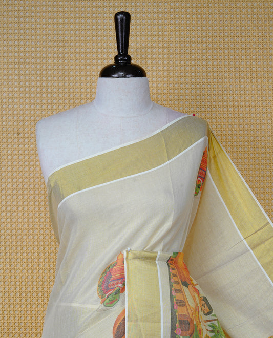 Cream Colour Tissue Kerala  Saree Featuring A Digital Onam Theme At Body &  Pallu, Paired With A Matching Blouse Piece.