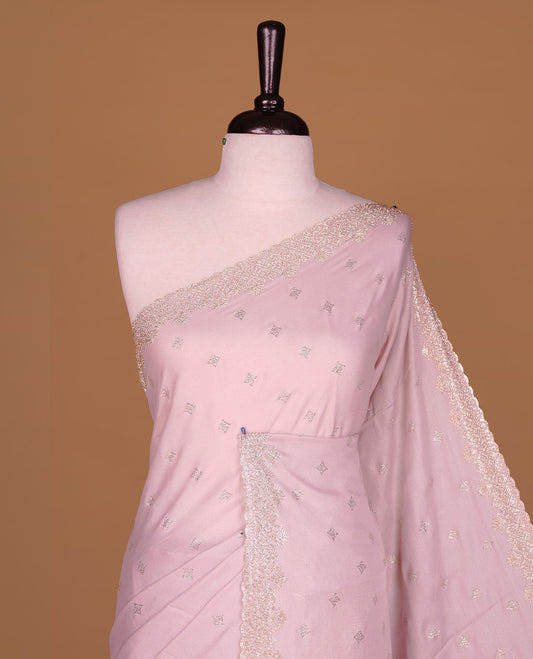 Pink colour organza designer saree featuring Gold stone motifs on body, highlighting light weight stone worked border, paired with matching blouse piece.