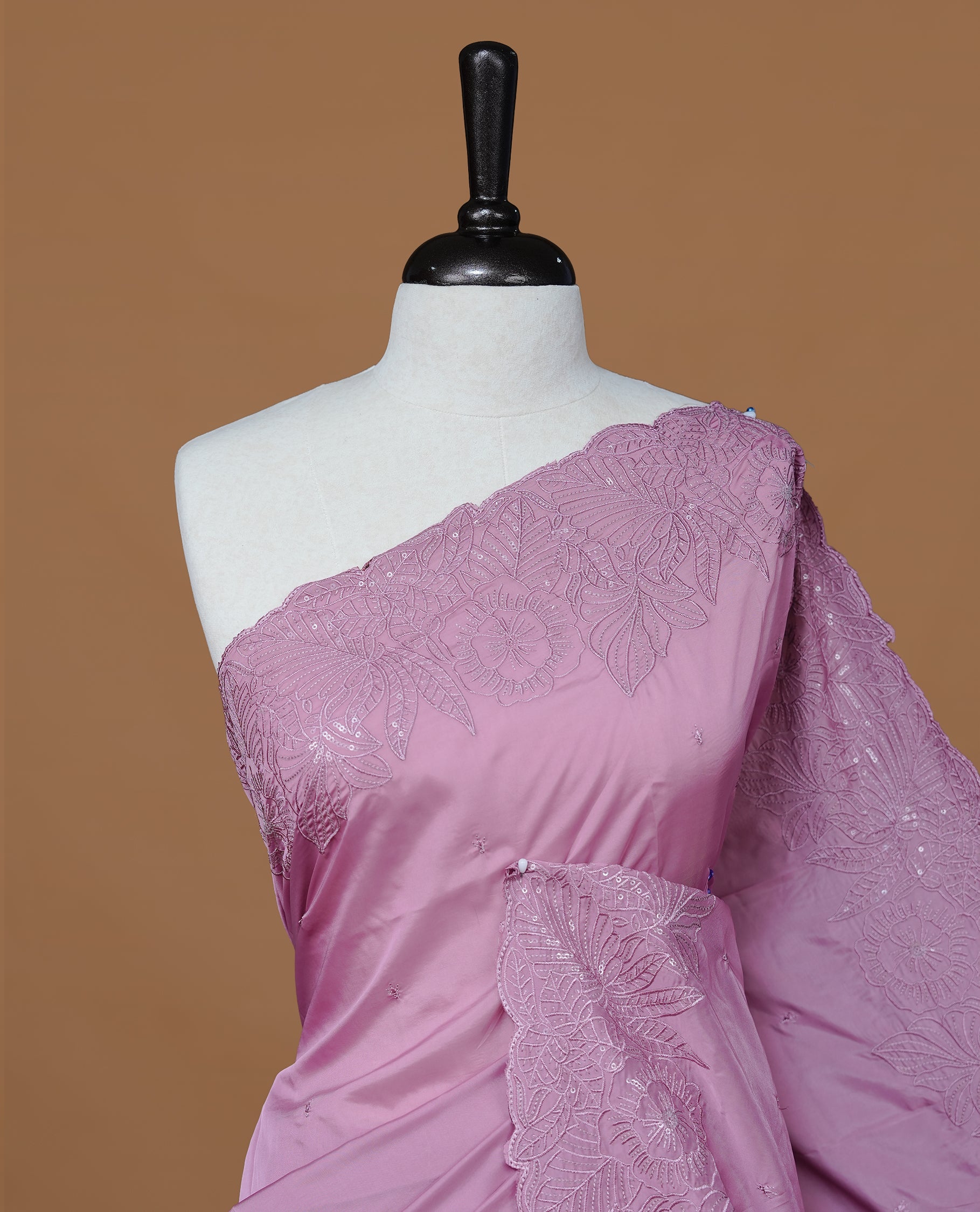Pastel Purple colour Designer saree featuring Elegant Thread & sequins on body, complemented self colour thread & Sequins scalp border, paired with matching blouse piece.
