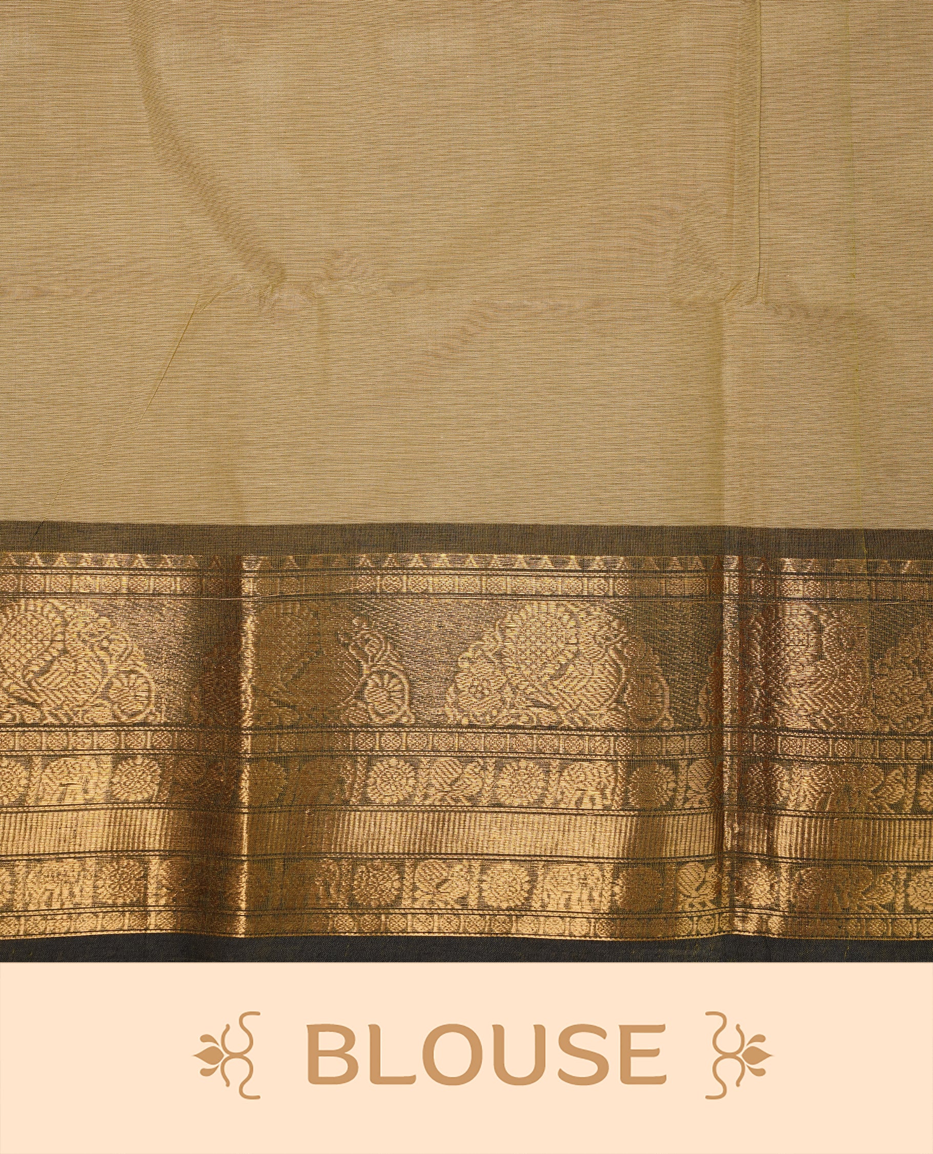 Greyish cream colour Chettinad cotton saree featuring motifs body, complemented by contrast Black colour with gold zari border, paired with matching blouse piece.