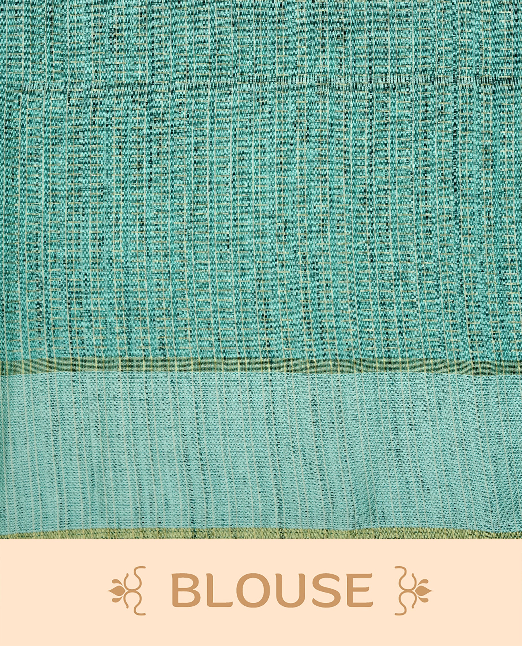 Aqua colour semi tussar silk saree featuring elegant gold zari dotted stripes across the body, enhanced with a rich zari woven border. Comes with a matching blouse piece.