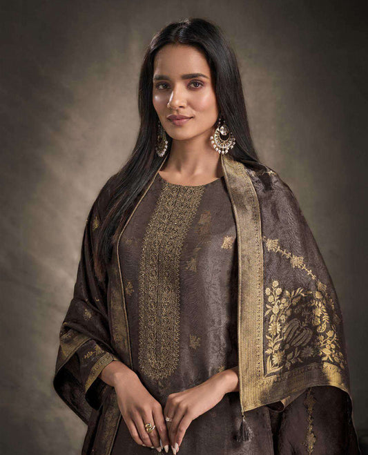 Gray colour suit material featuring an Akina silk jacquard top with delicate embroidery, paired with satin bottoms and completed with a matching Akina silk jacquard dupatta