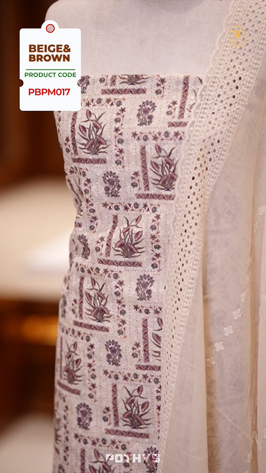 Beige & Brown Hakoba cotton churidhar material with brown & green floral top, lace border under the top and sides & Cotton dupatta with lace detailing & plain bottom for elegant wear.