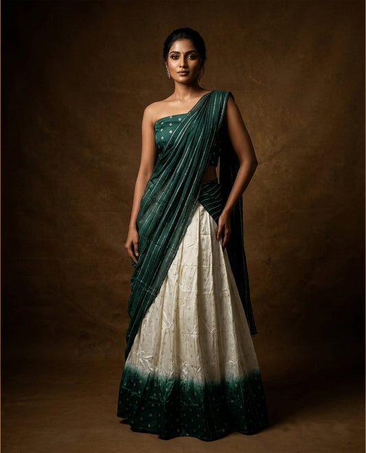 Off white colour semi stitched half saree featuring elegant zari buttas on the body, paired with a contrast green border and matching motifs dupatta,paired with matching blouse piece.