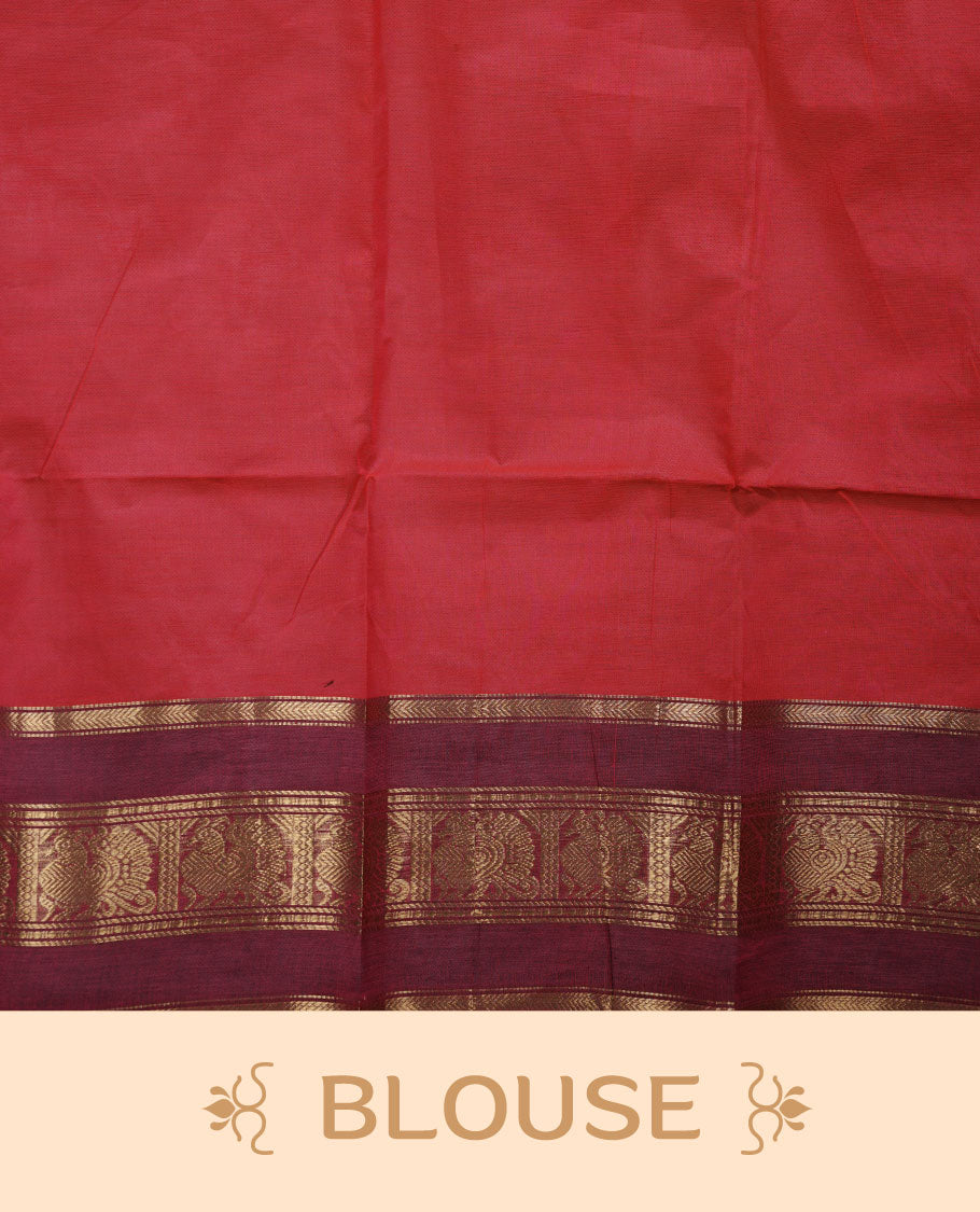 Rani pink colour chettinad cotton saree featuring plain body, contrast burgundy colour with traditional gold zari border paired with matching blouse.