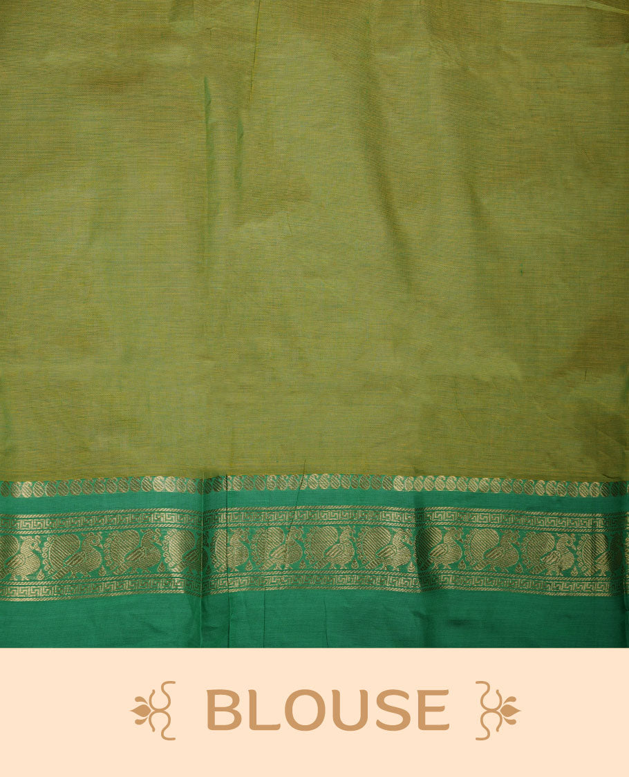 Lemon colour chettinad cotton saree featuring plain body, contrast Green colour with traditional gold zari border paired with matching blouse.